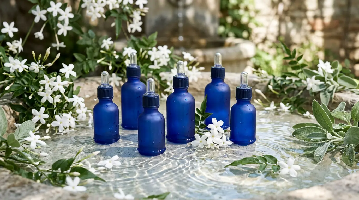 Blue serum bottles in jasmine-scented water